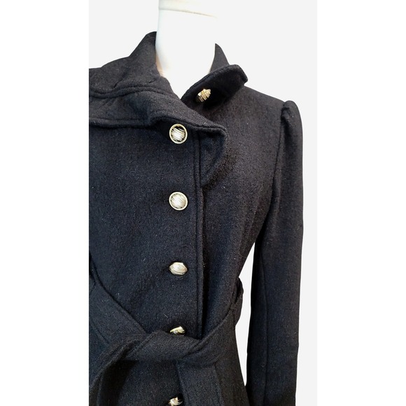 Bebe2yk Black Wool Blend Ruffled Collar Belted Peplum Coat Womens XS - Picture 8 of 13